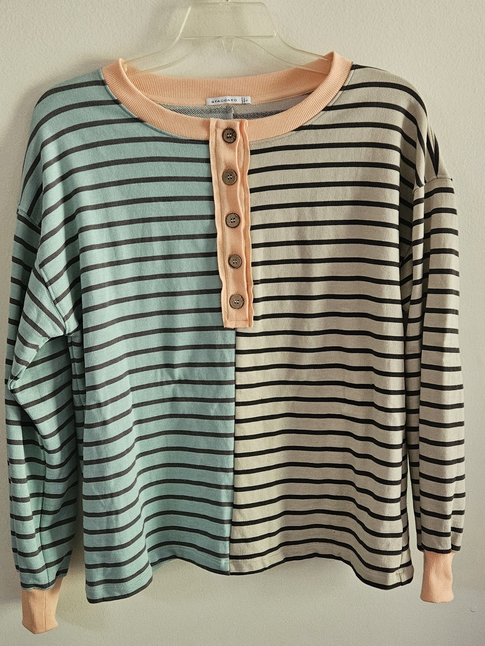 Staccato Women's Split-Stripe Henley Sweatshirt in Mint, Cream & Peach Trim